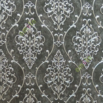 Black silver color traditional damask design with continues ogee pattern texture carved finished wallpaper
