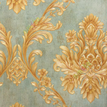 Traditional big damask design green brown gold embossed carved pattern palace decorative wallpaper