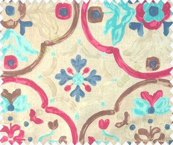 Pink brown blue beige color traditional flower floral pattern circles flower buds main curtain