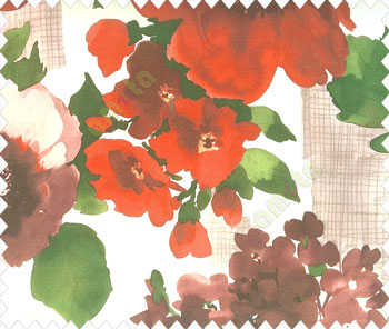 Red brown purple beige green pink color big size flower bunch leaf buds checks vertical and horizontal crossing lines watercolor print main curtain