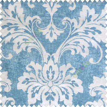 Blue white color beautiful traditional damask floral swirl pattern velvet touch watercolor print traditional look poly fabric main curtain