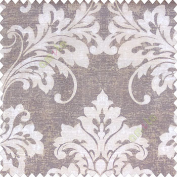Brown white grey color beautiful traditional damask floral swirl pattern velvet touch watercolor print traditional look poly fabric main curtain