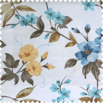 Blue white brown orange color natural flower long leaf elegant look mike flower daisy flower buds big leaf and small leaf pattern poly fabric main curtain