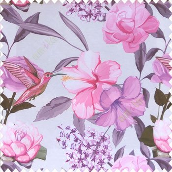 Purple pink brown grey color beautiful javakusum flower and small flowers bunch long leaf lotus hummingbird watercolor print poly fabric main curtain