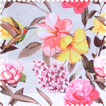 Red yellow pink green brown cream color beautiful javakusum flower and small flowers bunch long leaf lotus hummingbird watercolor print poly fabric main curtain