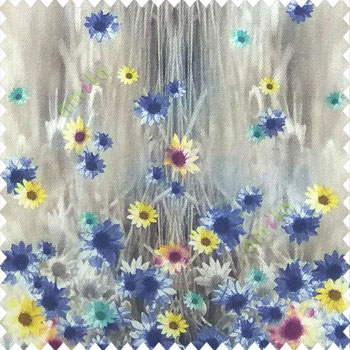 Yellow black purple grey green color combination small water lily flower pattern vertical grass blurry background watercolor print flower buds pure cotton main curtain