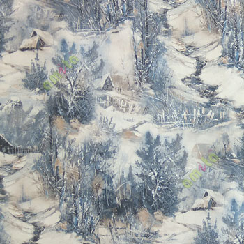 Grey cream brown blue white color beautiful oil painting design grass tree village house wooden fence mountains home décor wallpaper