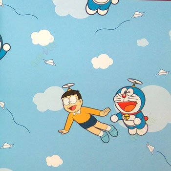 Blue red white yellow color kids designs flying Doraemon and nobi nobita paper plane flowing trendy lines clouds home décor wallpaper