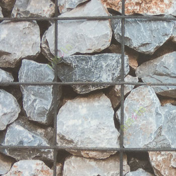 Black blue grey orange color natural stone round wall stones supported with metal check fencing wire pattern home décor wallpaper