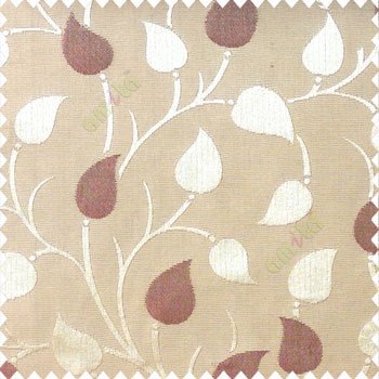 Maroon brown color natural longleaf pattern horizontal stripes small hanging leaf on stem polyester main curtain