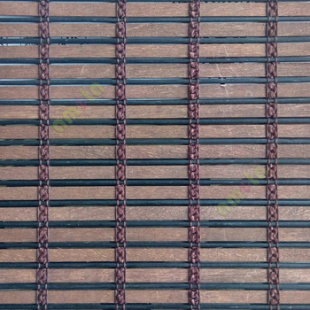 Dark brown color horizontal stripes wooden slats with sticks vertical thread weaving stripes rollup chain roman chain and lock pulley system blinds