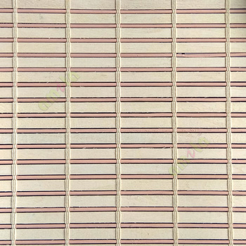 Beige peach cream color horizontal stripes wooden slats with sticks vertical thread weaving stripes rollup chain roman chain and lock pulley system blinds