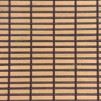 Brown mustard yellow color horizontal stripes wooden slats with sticks vertical thread weaving stripes rollup chain roman chain and lock pulley system blinds