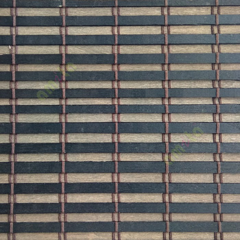 Brown color horizontal stripes wooden slats with overlapping sticks vertical thread weaving stripes rollup chain roman chain and lock pulley system blinds