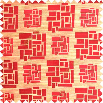 Maroon gold color rectangular and cube shapes geometric patterns horizontal lines polyester main curtain fabric