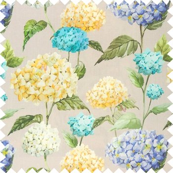 Blue green yellow brown color beautiful natural flower big size designs with leaf pattern on long stem watercolor print on pure cotton background curtain fabric