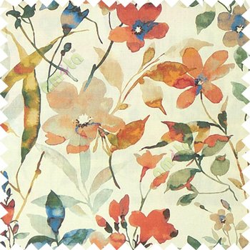 Maroon green beige brown blue grey color natural ferns flower beautiful leaf flower buds long twigs watercolor print on pure cotton background curtain fabric