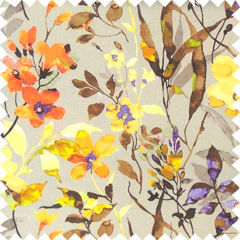 Orange grey brown purple yellow gold green color natural ferns flower beautiful leaf flower buds long twigs watercolor print on pure cotton background curtain fabric