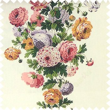 Beautiful and pure natural finished with elegant look dark red grey maroon yellow color flowers matured green leaf flower-buds design in vertical hanging pattern watercolor print  on beige color base pure cotton curtain fabric