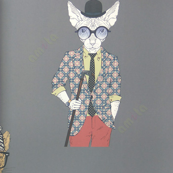 Grey maroon black green purple color mature cat with fashionable clothes glass stick watch cap kids homes décor wallpaper