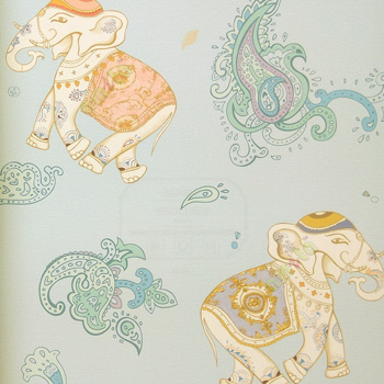Blue yellow orange brown color traditional designs elephant paisley flowers good luck elephant home decor wallpaper