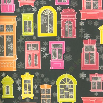 Pure black yellow maroon pink green red  color buildings arch slider window bricks pattern square horizontal lines heart shaped grills pattern home décor wallpaper