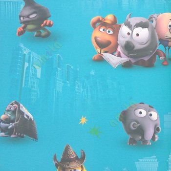 Blue orange pink yellow grey green color cartoon elephants angry confused puppy stars skyscrapers big buildings kids home décor wallpaper