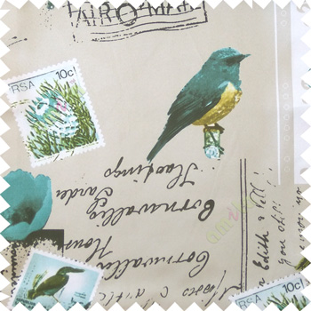 Blue cream white black natural beauty sea plants bird flowers post stamp alphabets pelican main curtain