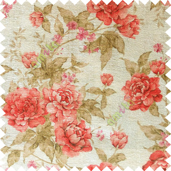 Red green cream brown colour beautiful flower texture designs leaf floral buds with thick polyester background main curtain