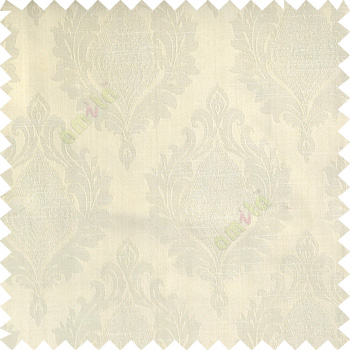 Beige color beautiful damask design floral leaf borders swirl vertical thin lines polyester texture base fabric main curtain