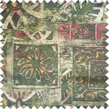 Dark green pink orange black color traditional designs big flower petals square metal slices rectangular shapes velvet finished base fabric polyester main curtain