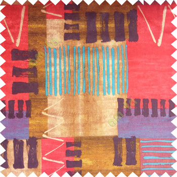 Red black purple brown gold blue black color horizontal thin stripes bold vertical zigzag patterns velvet finished base fabric main curtain