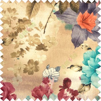 Blue orange blue grey green white purple color beautiful natural big rose daisy flower leaves Japanese flowers with texture finished polyester sheer curtain