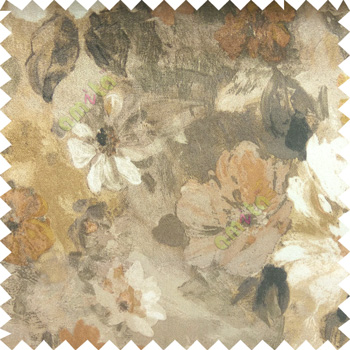 Green grey white brown gold color beautiful natural big rose daisy flower leaves Japanese flowers velvet base fabric with texture-finished polyester sheer curtain