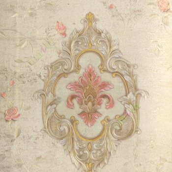 Pink gold beige color traditional big damask design rose flower long stem support leaves flowing plants swirl home décor wallpaper