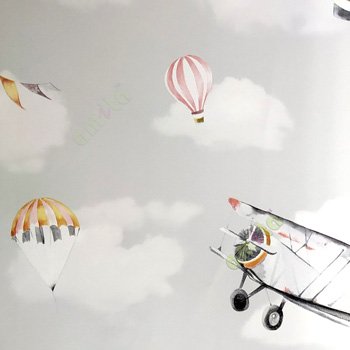 Pink grey orange yellow gold color Old fighter plane isolated air ballon propeller plane clouds home décor wallpaper