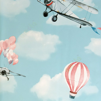 Blue red pink white orange color Old fighter plane isolated air ballon propeller plane clouds home décor wallpaper