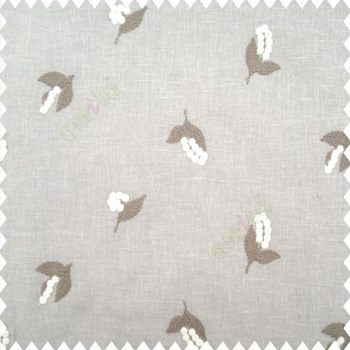 Grey cream white color floral with two leaves decorative small bunch round small embroidery blossoms transparent net fabric linen main curtain