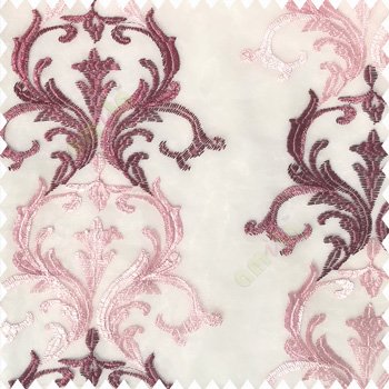 Dark pink with baby pink white color traditional damask pattern embroidery zari weaving designs with net finished background polyester sheer curtain