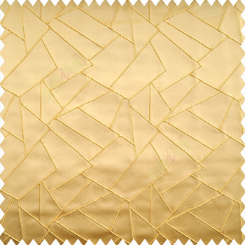Golden color abstract deigns embossed lines geometric triangles rectangular shapes polyester embroidery finished on polyester base main curtain
