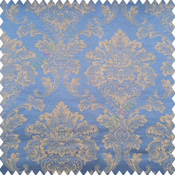 Royal blue beige color traditional texture damask finished damask pattern with polyester base fabric leaves swirls main curtain