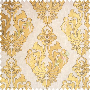 Gold beige grey color traditional design embroidery finished with cotton base fabric swirls floral leaves main curtain