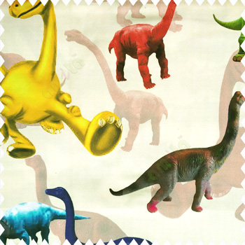 Beautiful kids animal designs in green yellow red blue purple maroon pink color dinosaurs with pure cotton pale yellow base color fabric main curtain