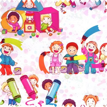 Pink blue purple orange green grey orange yellow color kid characters drawing colorful pictures big color pencils pain buckets alphabets geometric shapes square ball kids dress watercolor print on white base fabric pure cotton main curtain