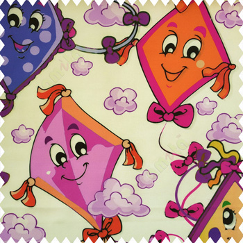 Purple yellow black pink orange color kids design watercolor print kites flowers clouds ropes smiley face big eyes tails paper works with white base cotton fabric main curtain