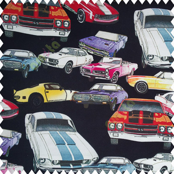 Kids design water print on pure cotton base fabric multicolors of purple yellow red orange pink grey color vintage cars design on pure black color background main curtain