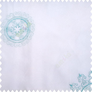 Blue white color traditional designs decorative circle swirls with transparent base polyester fabric embroidery pattern sheer curtain
