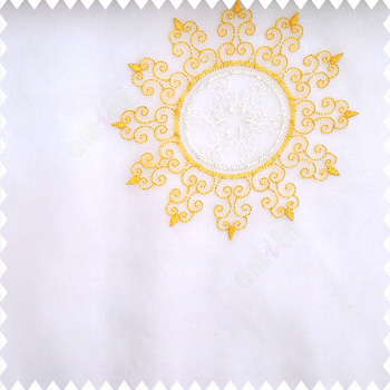 Yellow white cream color traditional designs decorative circle swirls with transparent base polyester fabric embroidery pattern sheer curtain