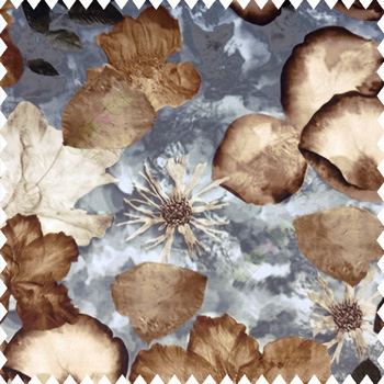 Gold grey cream black color beautiful flowers design big flying petals velvet finished soft touch leaves blooming flowers polyester sofa fabric
