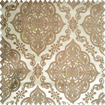 Tortilla brown color traditional embossed designs damask pattern flowers leaf swirls shiny base fabric polyester thick background main curtain